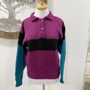 Vintage Alpenblick Colorblock Wool Mohair Blend Sweater 80s 90s Purple Teal 36